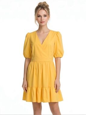 NEW Eliza J Surplice Neck Puff Sleeve Fit and Flare Dress in Yellow Size 10